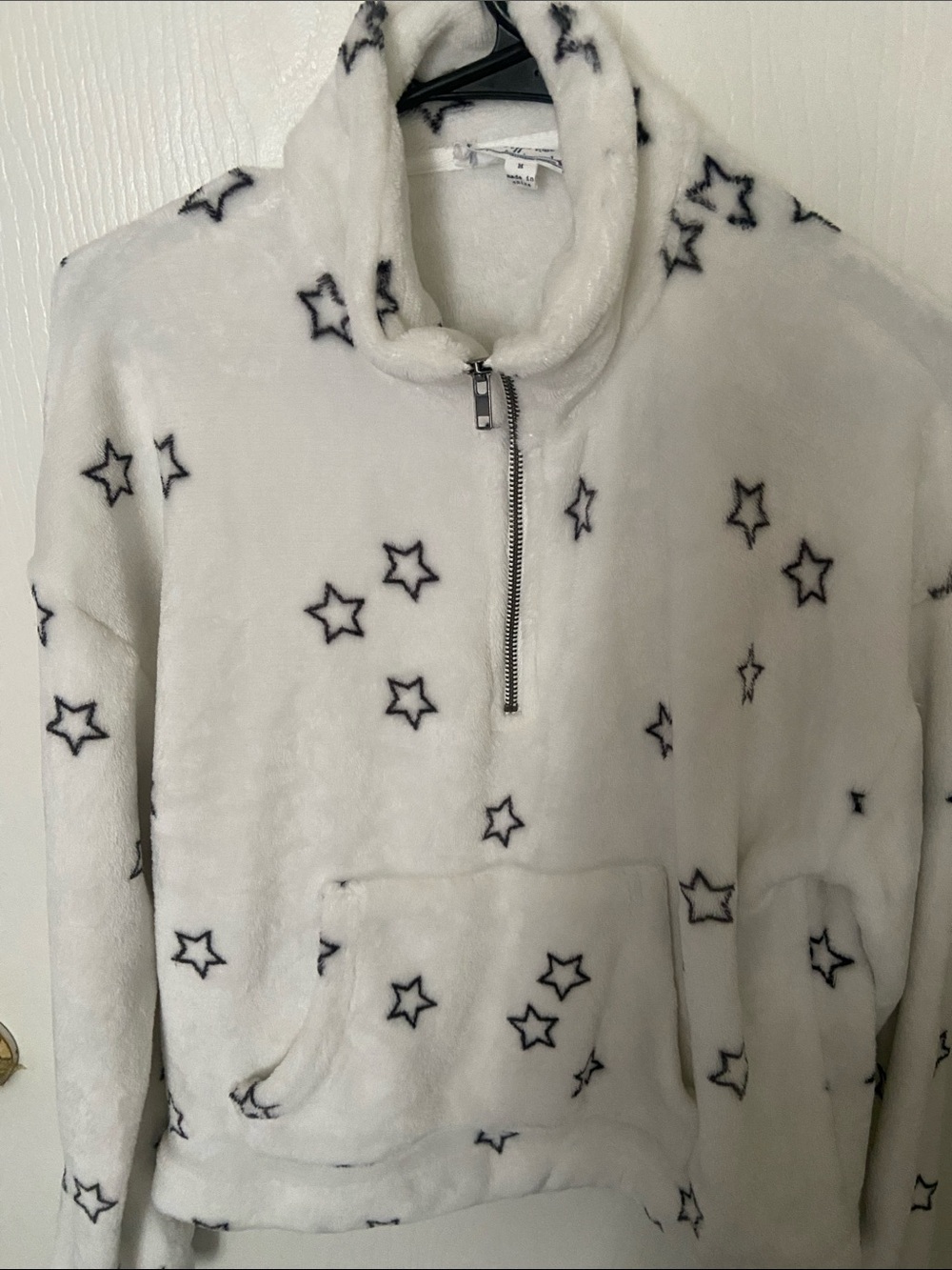 Hippie Rose White Plush Half-Zip Pullover with Black Star Print